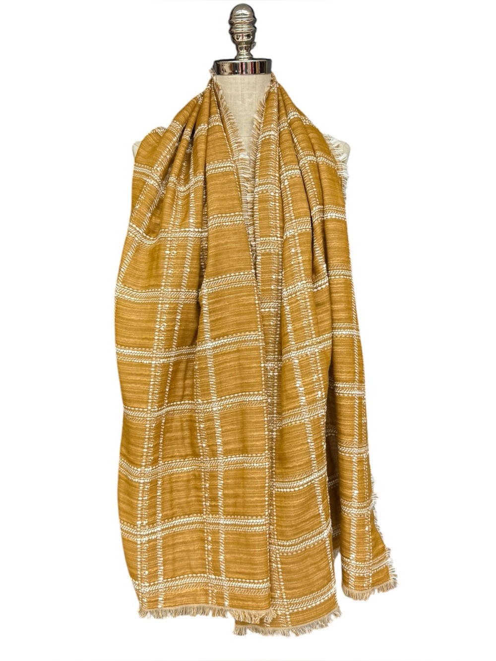 Madewell Mustard Plaid Blanket Scarf Wrap Fringe Large Shawl Wool Blend - Picture 6 of 10
